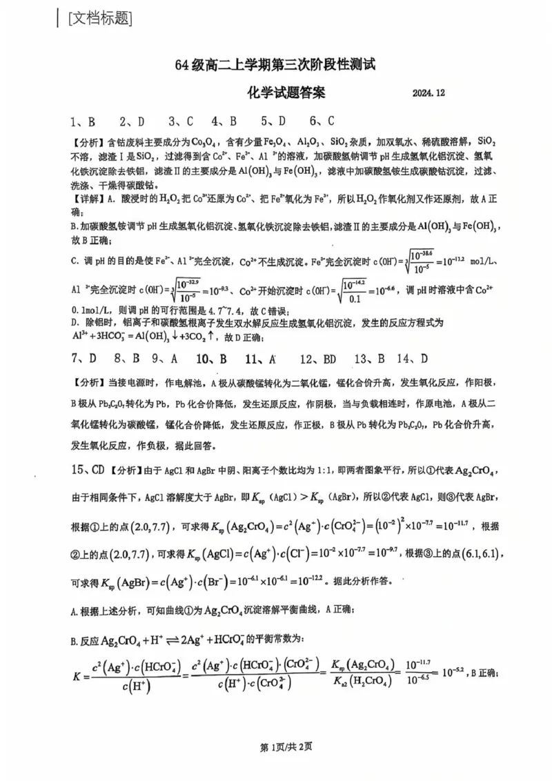 山东省济南市莱芜第一中学2024-2025学年高二上学期12月第三次阶段性测试化学PDF版含答案_2024-2025高二（7-7月题库）_2025年01月试卷