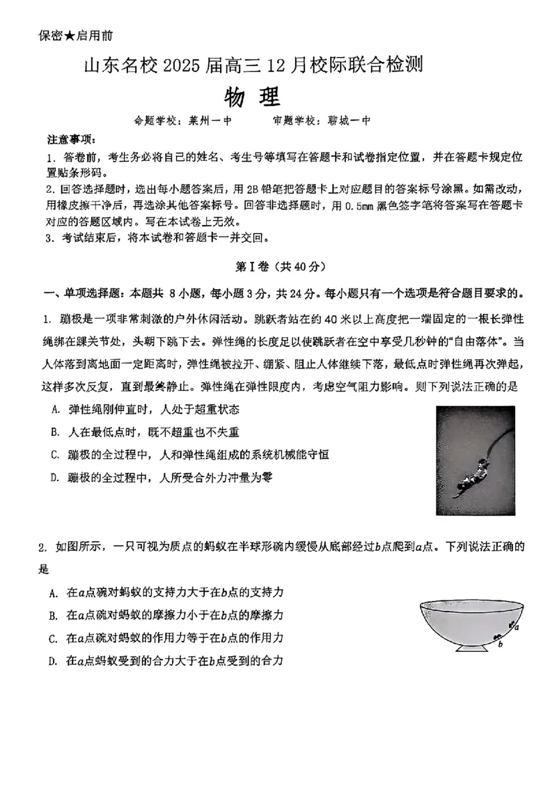 山东省部分名校2025届高三上学期12月校际联合检测物理+答案_2024-2025高三（6-6月题库）_2024年12月试卷_1215山东省名校2025届高三上学期12月校际联合检测