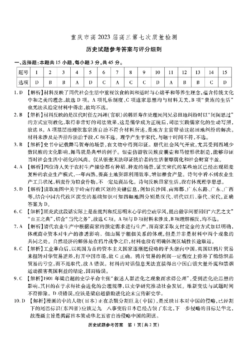 重庆市南开中学校2023届高三第七次质量检测丨历史答案_2024年2月_01每日更新_13号_2023届重庆市南开中学高三第七次质量检测_重庆市南开中学2023届高三第七次质量检测历史
