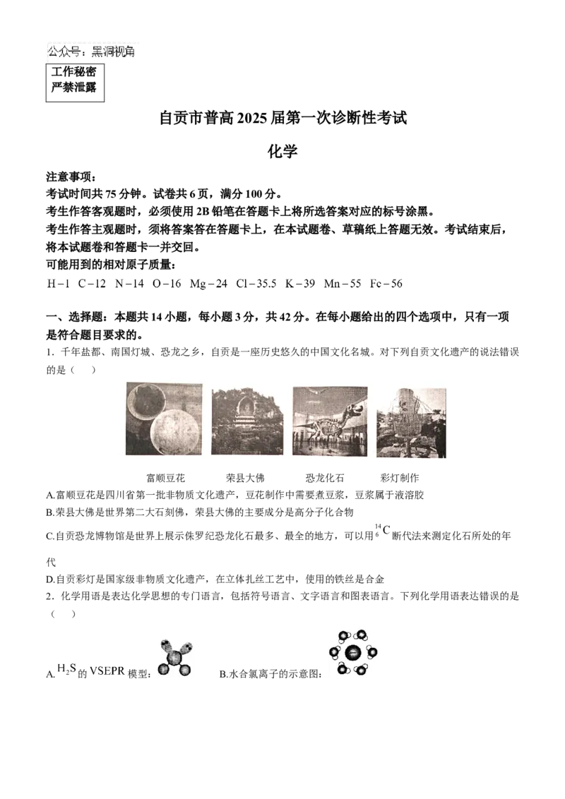 四川省自贡市2024-2025学年高三上学期第一次诊断性考试化学试题_2024-2025高三（6-6月题库）_2024年12月试卷_1204四川省自贡市普高2025届第一次诊断性考试