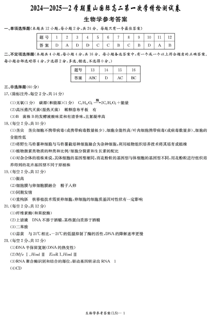 湖南省长沙市麓山国际实验学校2024-2025学年高二下学期第一次学情检测生物试卷（PDF版，含答案）_2024-2025高二（7-7月题库）_2025年04月试卷(1)