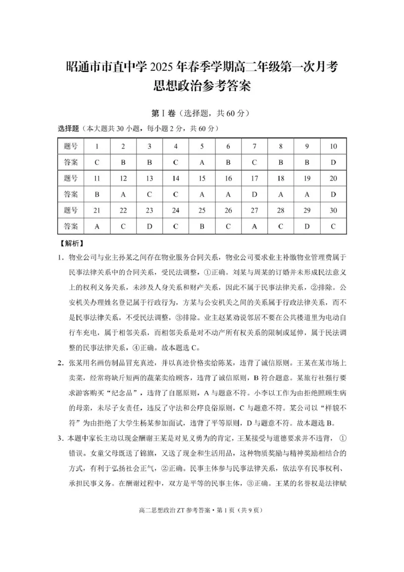 昭通市市直中学2025年春季学期高二年级第一次月考政治-答案_2024-2025高二（7-7月题库）_2025年04月试卷(1)_0403云南省昭通市市直中学2024-2025学年高二下学期3月第一次月考
