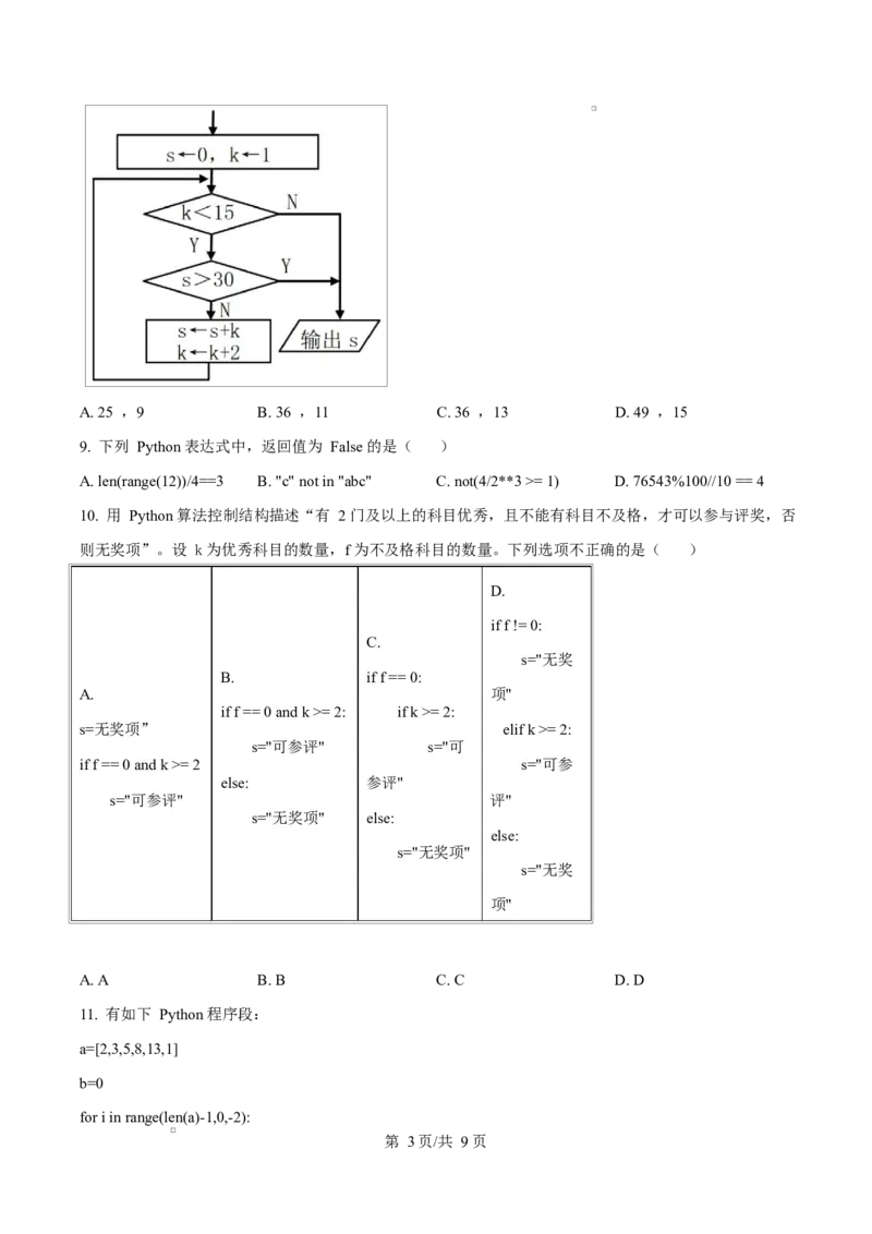 浙江省杭州市2024-2025学年高二上学期期末考试技术试题-高中信息技术Word版无答案_2024-2025高二（7-7月题库）_2025年02月试卷_0226浙江省杭州市2024-2025学年高二上学期1月期末考试