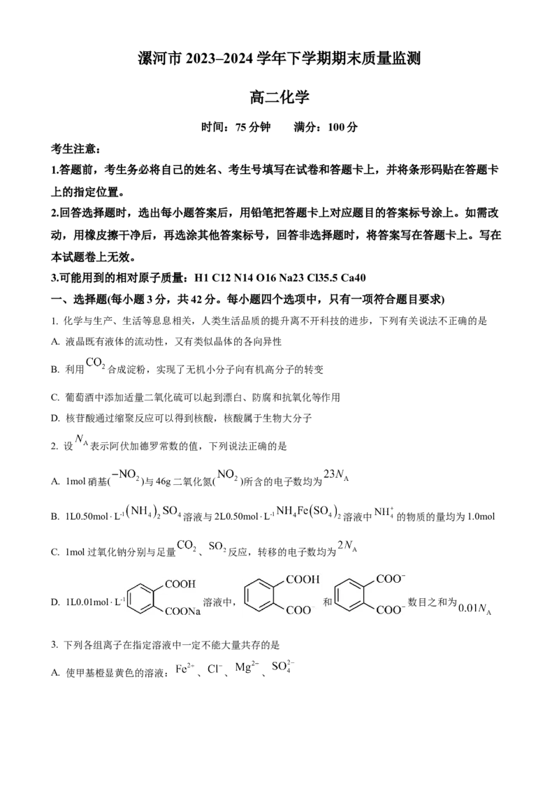 河南省漯河市2023-2024学年高二下学期期末考试化学Word版含解析_2024-2025高二（7-7月题库）_2024年08月试卷_0813河南省漯河市2023-2024学年高二下学期期末考试