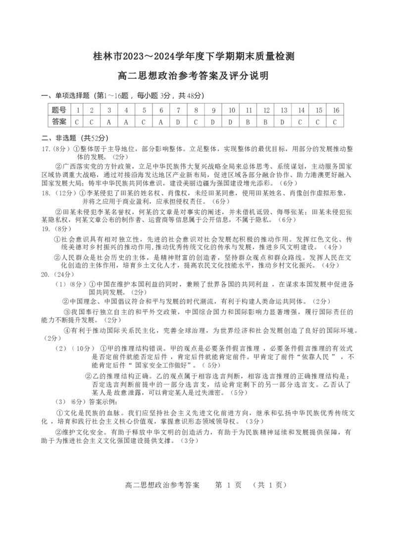 桂林2024年春季期末高二政治答案_2024-2025高二（7-7月题库）_2024年07月试卷_0711广西桂林市2023-2024学年高二下学期期末质量检测