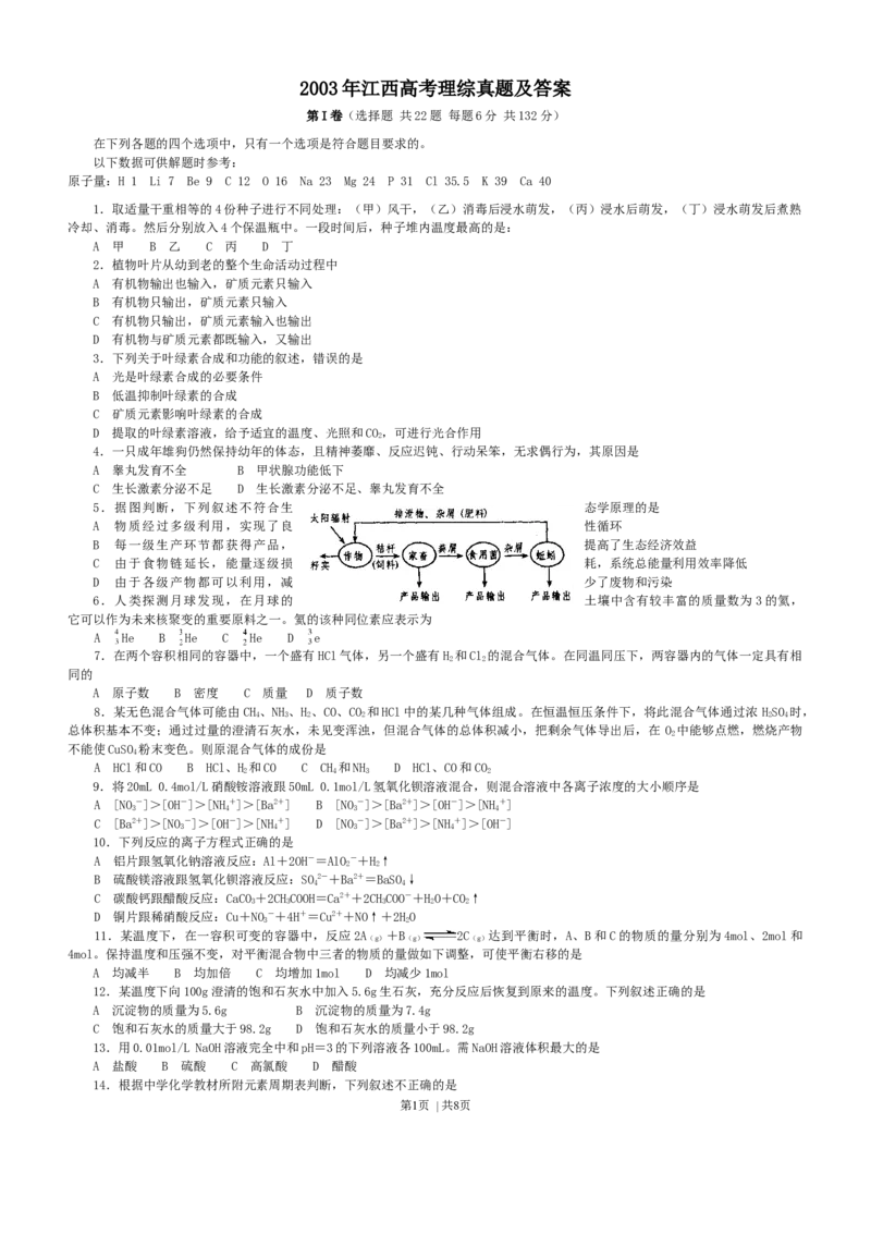 2003年江西高考理综真题及答案_化学高考真题试卷_旧1990-2007&middot;高考化学真题_1990-2007&middot;高考化学真题&middot;word_2001-2007年各地理综历年真题_江西