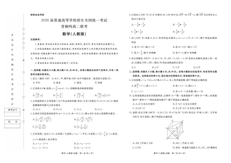 数学人教版-河南青桐鸣大联考2024年高二10月月考_2024-2025高二（7-7月题库）_2024年10月试卷_1019河南省青桐鸣大联考2024年高二10月月考