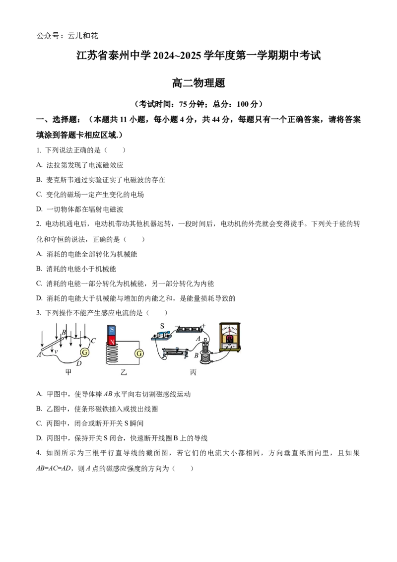 江苏省泰州中学2024-2025学年高二上学期11月期中考试物理Word版含解析_2024-2025高二（7-7月题库）_2024年11月试卷_1119江苏省泰州中学2024-2025学年高二上学期11月期中考试