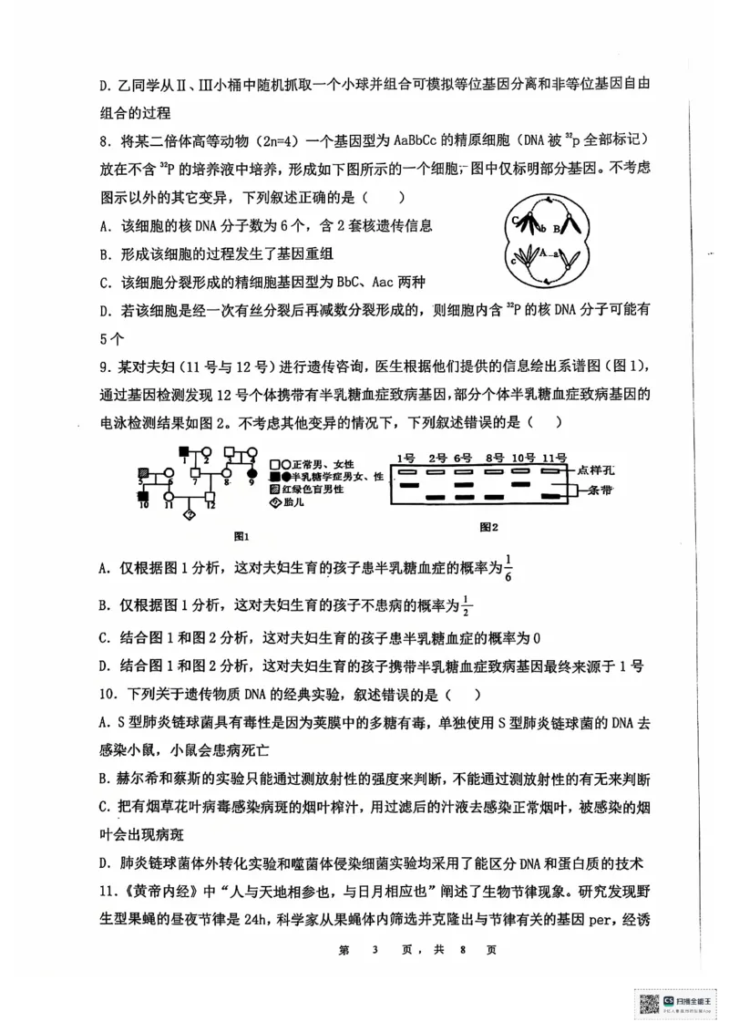 安徽省六安第二中学2024-2025学年高三上学期12月月考生物试题+答案_2024-2025高三（6-6月题库）_2024年12月试卷_1229安徽省六安第二中学2024-2025学年高三上学期12月第四次月考试题（全科）