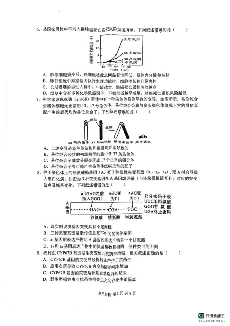 江苏省苏州市2024-2025学年高三上学期期初阳光调研生物+答案_2024-2025高三（6-6月题库）_2024年09月试卷_0922江苏省苏州市2024-2025学年高三上学期期初阳光调研