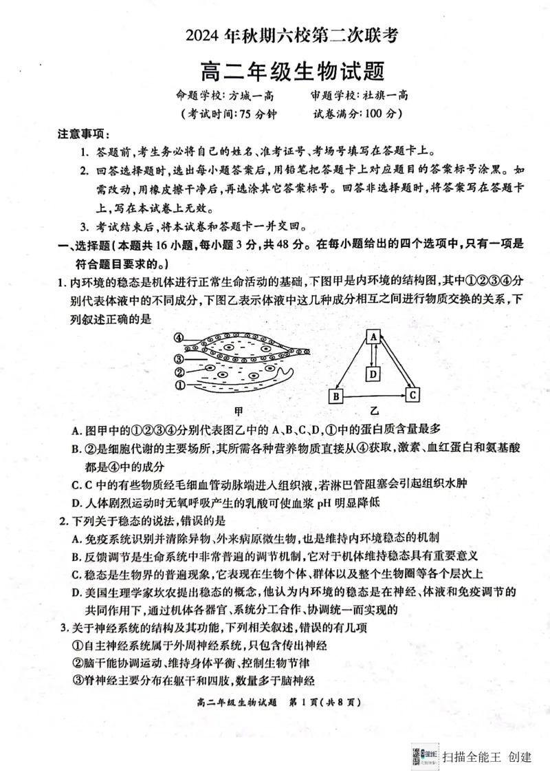 河南省南阳市六校联考2024-2025学年高二上学期12月月考生物试题_2024-2025高二（7-7月题库）_2024年12月试卷_1222河南省南阳市2024年秋期高二年级六校第二次联考