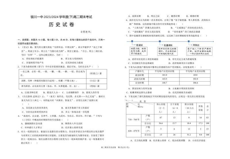 宁夏回族自治区银川一中2023-2024学年高二下学期期末考试+历史_2024-2025高三（6-6月题库）_2024年07月试卷_240719宁夏回族自治区银川一中2023-2024学年高二下学期期末考试