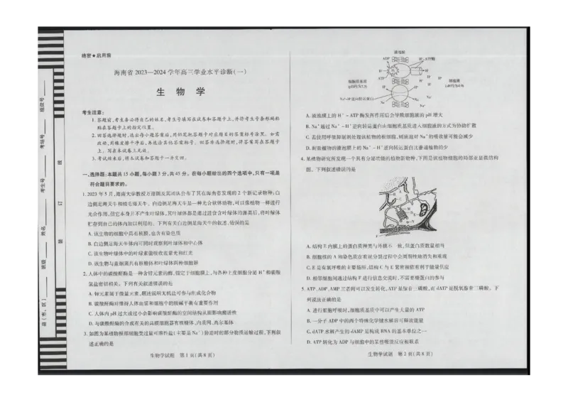 生物(1)_2023年11月_0211月合集_2024届海南省天一联考高三上学期11月学业水平诊断考试（一）_海南省2024届天一联考高三上学期11月学业水平诊断考试（一）生物