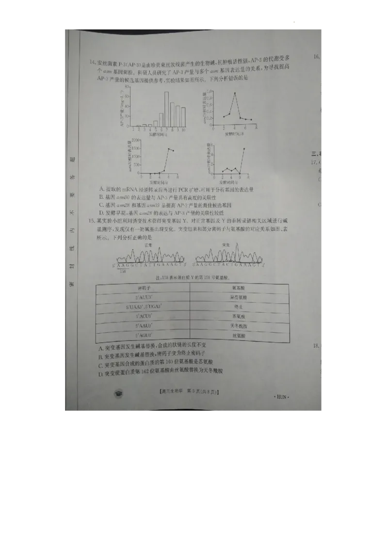 高三生物(1)_2023年11月_0211月合集_2024届湖南省衡阳市衡南县高三上学期金太阳11月期中（帽子2003C）_湖南省衡阳市衡南县2024届高三上学期金太阳11月期中（帽子2003C）生物