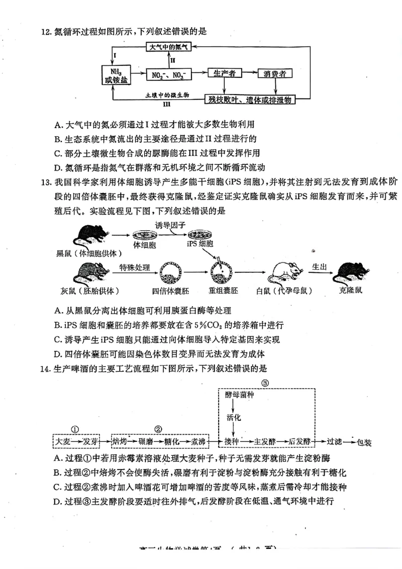 江苏省南京市2025届高三学情调研9月生物+答案_2024-2025高三（6-6月题库）_2024年09月试卷_0922江苏省南京市2024-2025学年高三上学期第一次学情调研（零模）