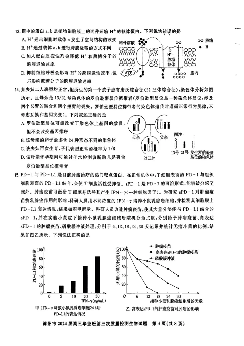 福建省漳州市2024届高三毕业班第三次质量检测生物(1)_2024年3月_013月合集_2024届福建省漳州市高三毕业班第三次质量检测