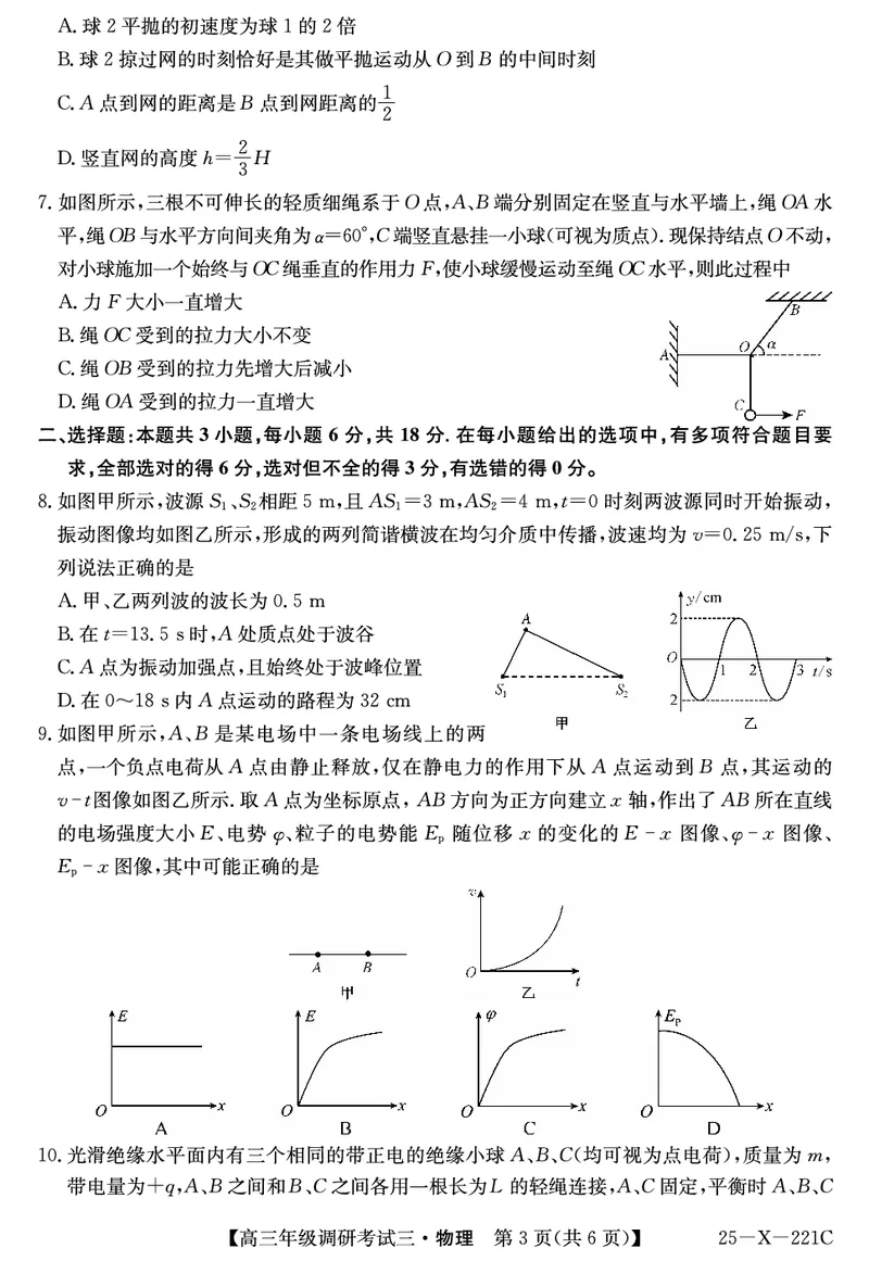25届高三年级TOP二十名校调研考试三物理试卷_2024-2025高三（6-6月题库）_2024年12月试卷_1223河南省TOP二十名校2025届高三上学期调研考试（三）（全科）
