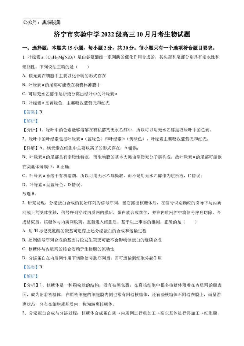 山东省济宁市实验中学2025届高三上学期10月月考生物试题word版含解析_2024-2025高三（6-6月题库）_2024年10月试卷_1031山东省济宁市实验中学2025届高三上学期10月月考