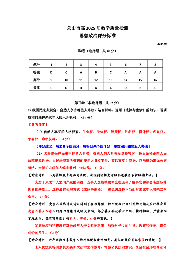 四川省乐山市2023-2024学年高二下学期期末教学质量检测+政治答案_2024-2025高三（6-6月题库）_2024年07月试卷_240708四川省乐山市2023-2024学年高二下学期期末教学质量检测