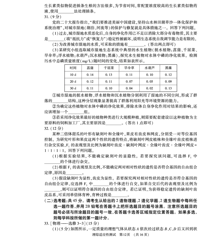 理综_2024年2月_01每日更新_12号_2023届河南省普通高中毕业班高考适应性考试全科_2023届河南省普通高中毕业班高考适应性考试理综试卷