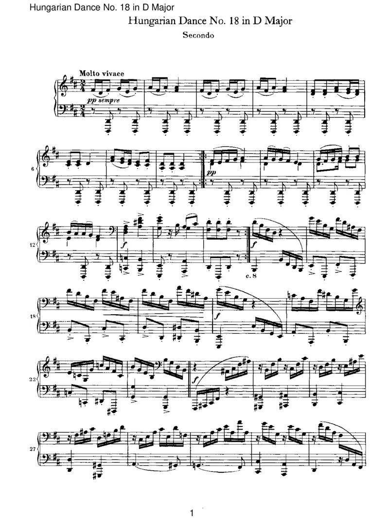 HungarianDanceNo.18inDMajor_一万首著名钢琴曲谱哈农贝多芬合集视频教学电子版高清无水印可打印_1古典钢琴知名音乐家谱_勃拉姆斯钢琴谱全集_VI.PianoWorksforFourHands