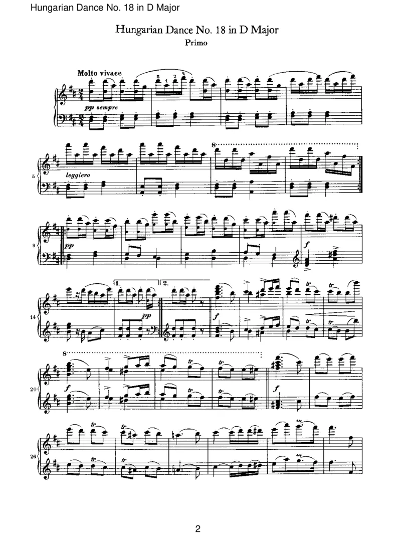 HungarianDanceNo.18inDMajor_一万首著名钢琴曲谱哈农贝多芬合集视频教学电子版高清无水印可打印_1古典钢琴知名音乐家谱_勃拉姆斯钢琴谱全集_VI.PianoWorksforFourHands