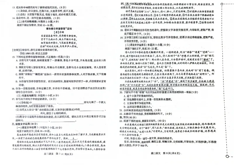 河南省许昌市2023&mdash;2024学年高二下学期期末教学质量检测语文试卷_2024-2025高二（7-7月题库）_2024年07月试卷_0707河南省许昌市2023-2024学年高二下学期7月期末教学质量检测