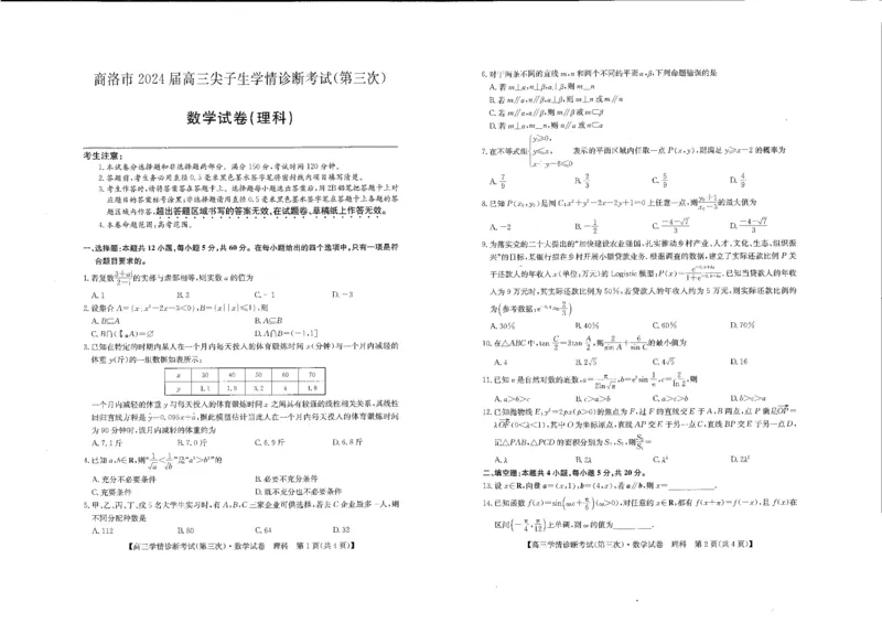 理数_2024年4月_01按日期_15号_2024届陕西商洛高三下学期尖子生学情诊断考试（第三次）_2024届陕西省商洛市高三下学期第三次尖子生学情诊断考试（理科）试卷