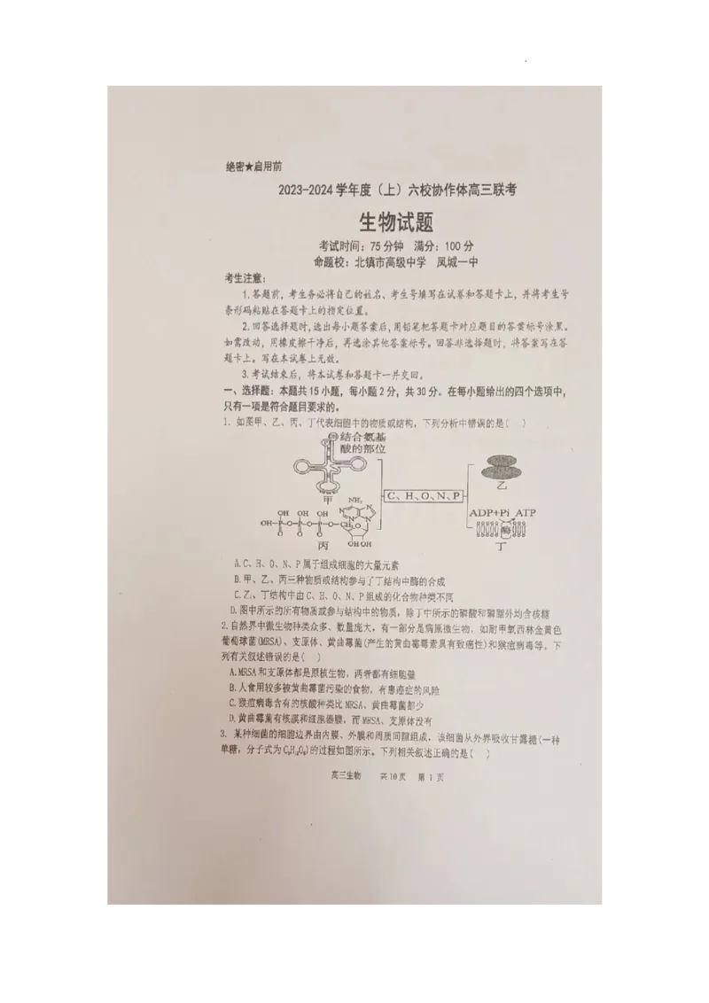 辽宁省六校协作体2024届高三上学期11月期中考试生物(1)_2023年11月_01每日更新_14号_2024届辽宁省六校协作体高三上学期11月期中考试