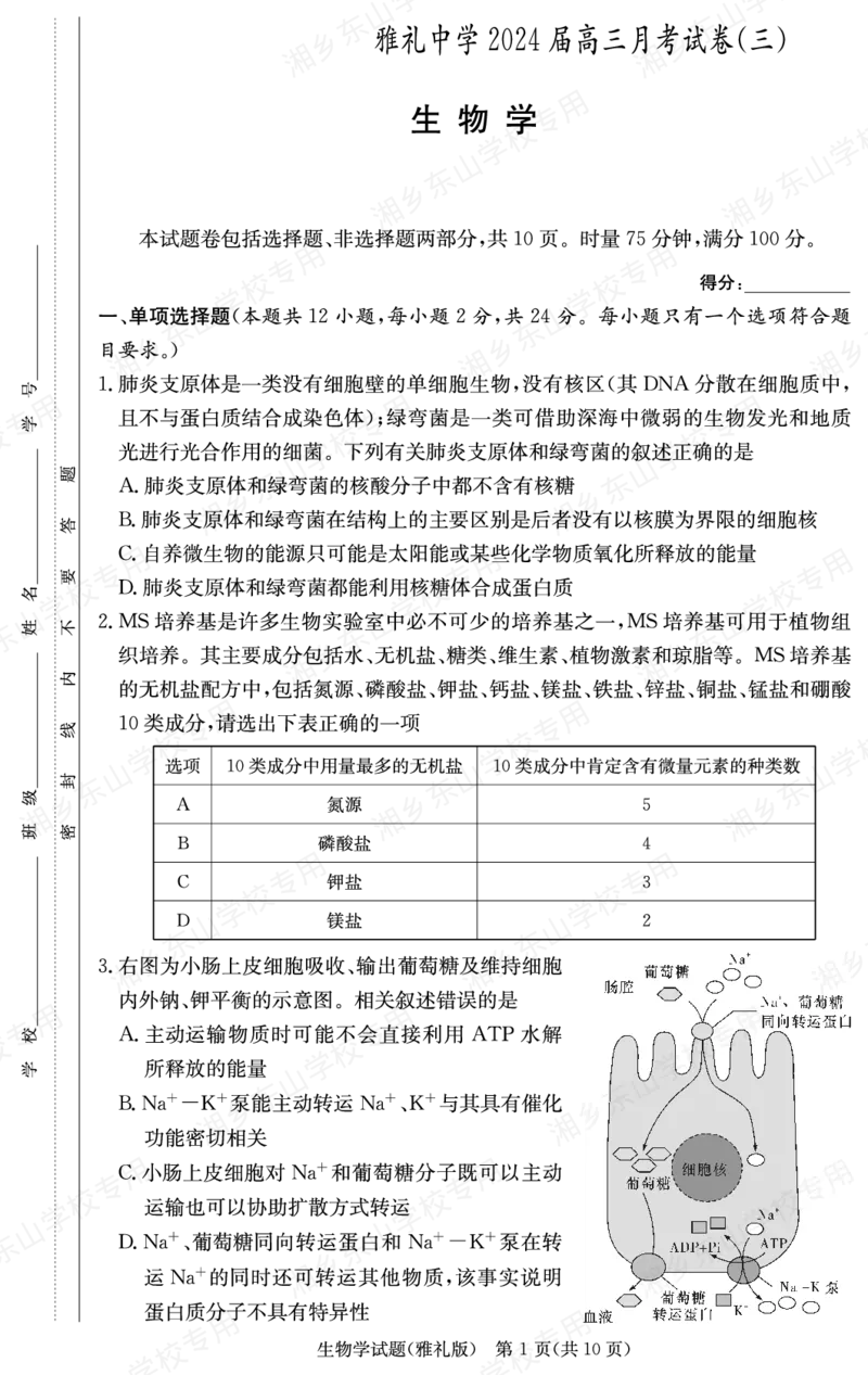 生物学用（雅礼3次）(1)_2023年11月_0211月合集_2024届湖南省长沙市雅礼中学高三上学期月考试题（三）_湖南省长沙市雅礼中学2024届高三上学期月考试题（三）生物