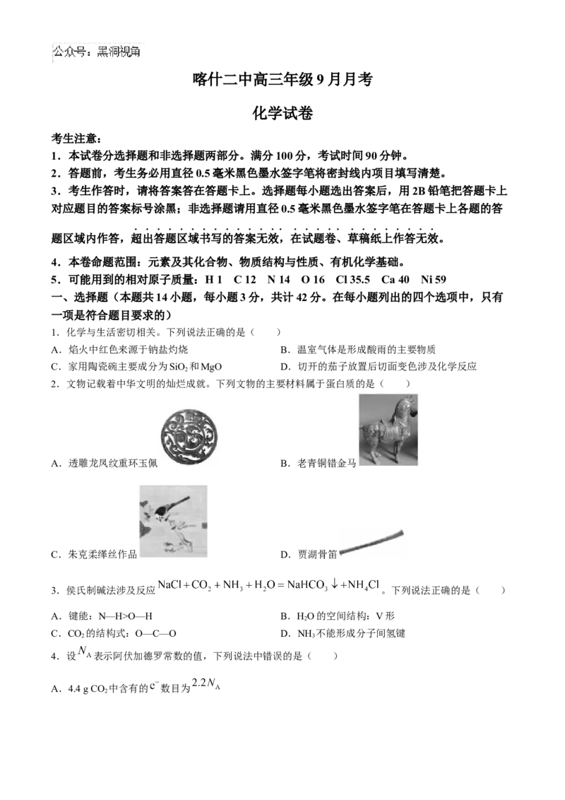 新疆维吾尔自治区喀什第二中学2024-2025学年高三上学期9月份月考化学试卷（含解析）_2024-2025高三（6-6月题库）_2024年10月试卷
