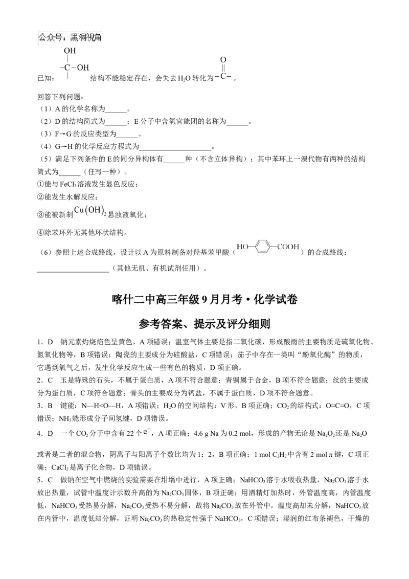 新疆维吾尔自治区喀什第二中学2024-2025学年高三上学期9月份月考化学试卷（含解析）_2024-2025高三（6-6月题库）_2024年10月试卷