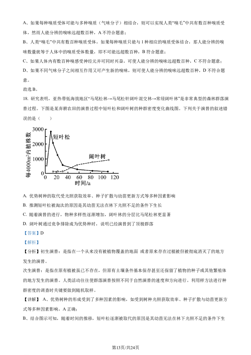 精品解析：浙江省七彩阳光联盟2023-2024学年高三下学期开学生物试题（解析版）_2024年3月_013月合集_2024届浙江省七彩阳光新高考研究联盟高三下学期开学考试