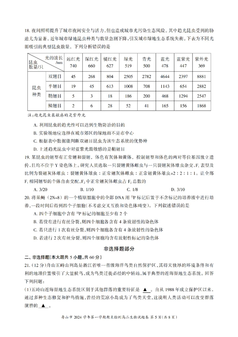 浙江省舟山市2024-2025学年高二上学期期末检测生物试卷(pdf版，含答案）_2024-2025高二（7-7月题库）_2025年02月试卷_0227浙江省舟山市2024-2025学年高二上学期期末考试