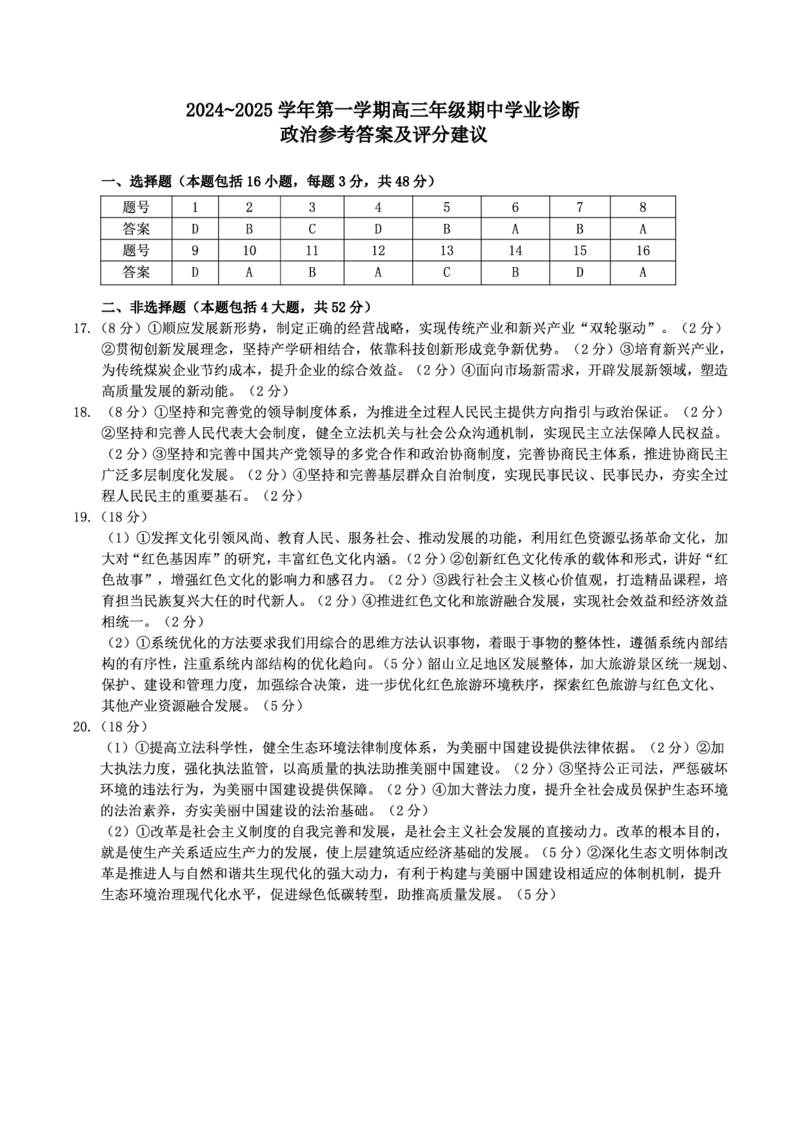 政治答案_2024-2025高三（6-6月题库）_2024年11月试卷_1114山西省太原市2024-2025学年高三第一学期期中测评（全科）_山西省太原市2024-2025学年高三年级第一学期期中测评政治