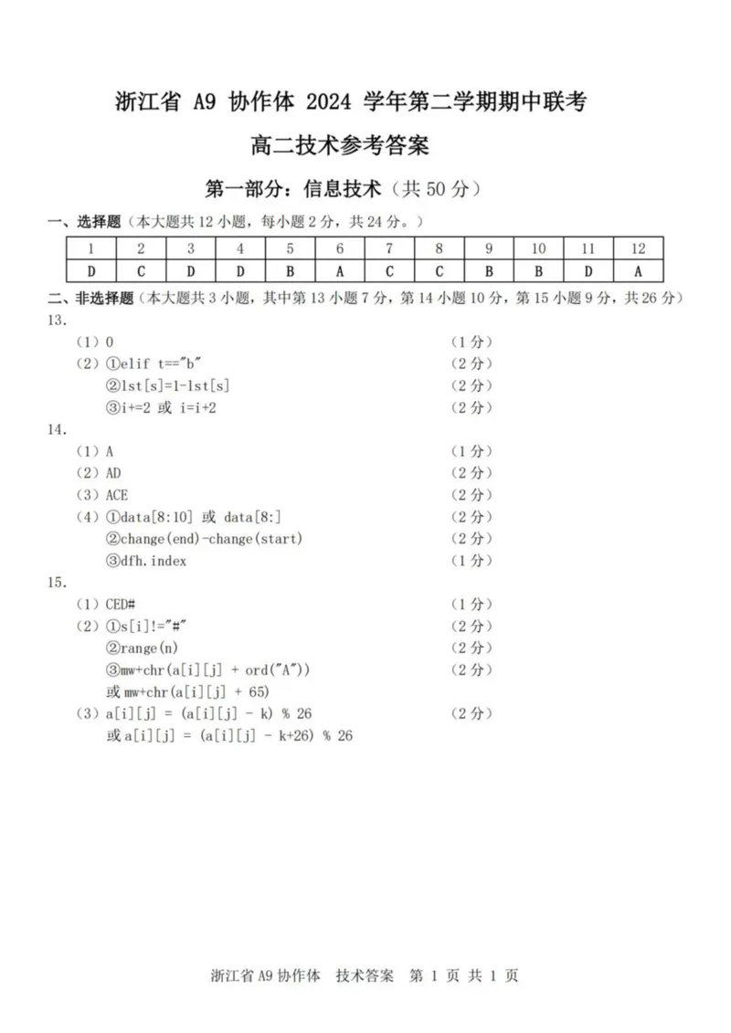 浙江省A9协作体2024-2025学年高二下学期4月期中联考信息技术试卷（PDF版，含答案）_2024-2025高二（7-7月题库）_2025年04月试卷(1)_0421浙江省A9协作体2024-2025学年高二下学期4月期中联考