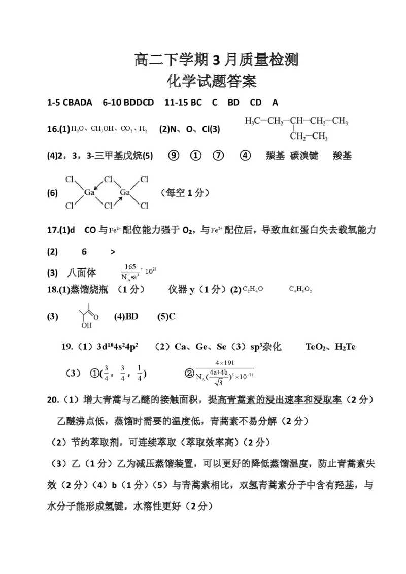 山东省济宁市邹城市第二中学2024-2025学年高二下学期3月月考化学试题（图片版，含答案）_2024-2025高二（7-7月题库）_2025年03月试卷