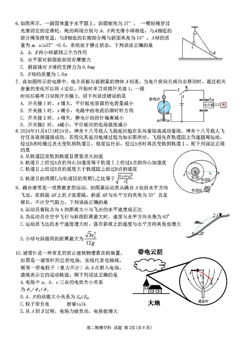 扫描件_高二年级物理学科A卷试题_2024-2025高二（7-7月题库）_2024年12月试卷_1224浙江北斗星盟阶段性联考2024-2025学年高二联考试题