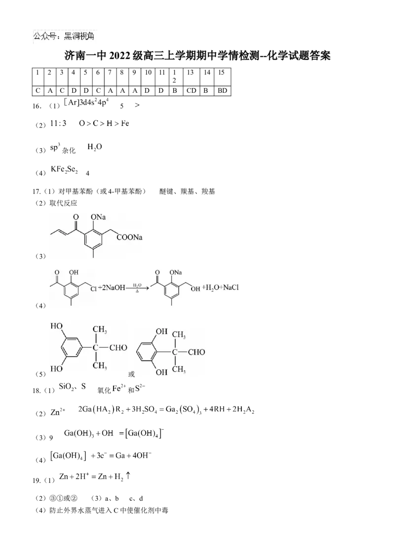 山东省济南第一中学2024-2025学年高三上学期期中学情检测试题化学+答案_2024-2025高三（6-6月题库）_2024年12月试卷_1205山东省济南第一中学2024-2025学年高三上学期期中学情检测（全科）