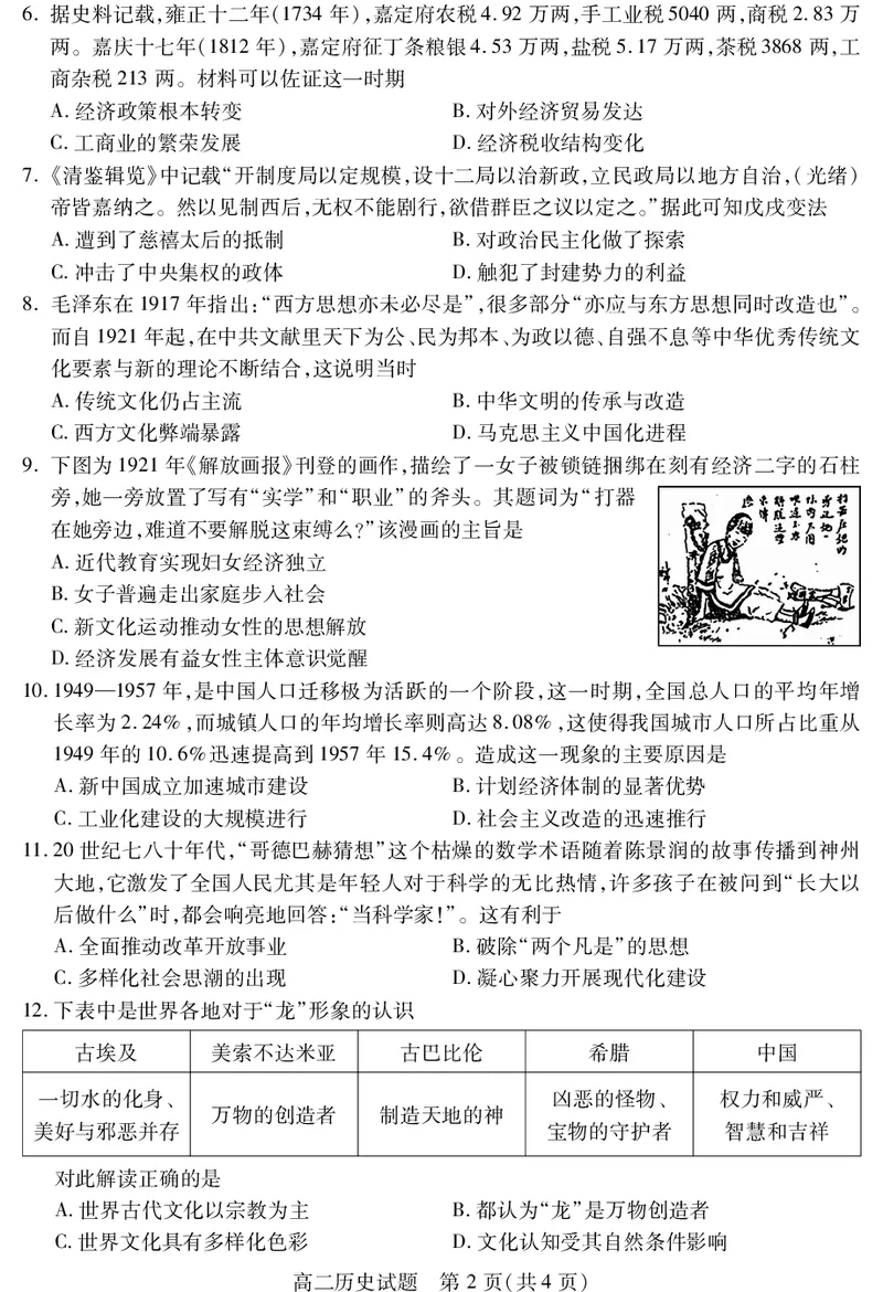 四川省乐山市2023-2024学年高二下学期期末教学质量检测+历史_2024-2025高二（7-7月题库）_2024年07月试卷_0711四川省乐山市2023-2024学年高二下学期期末教学质量检测