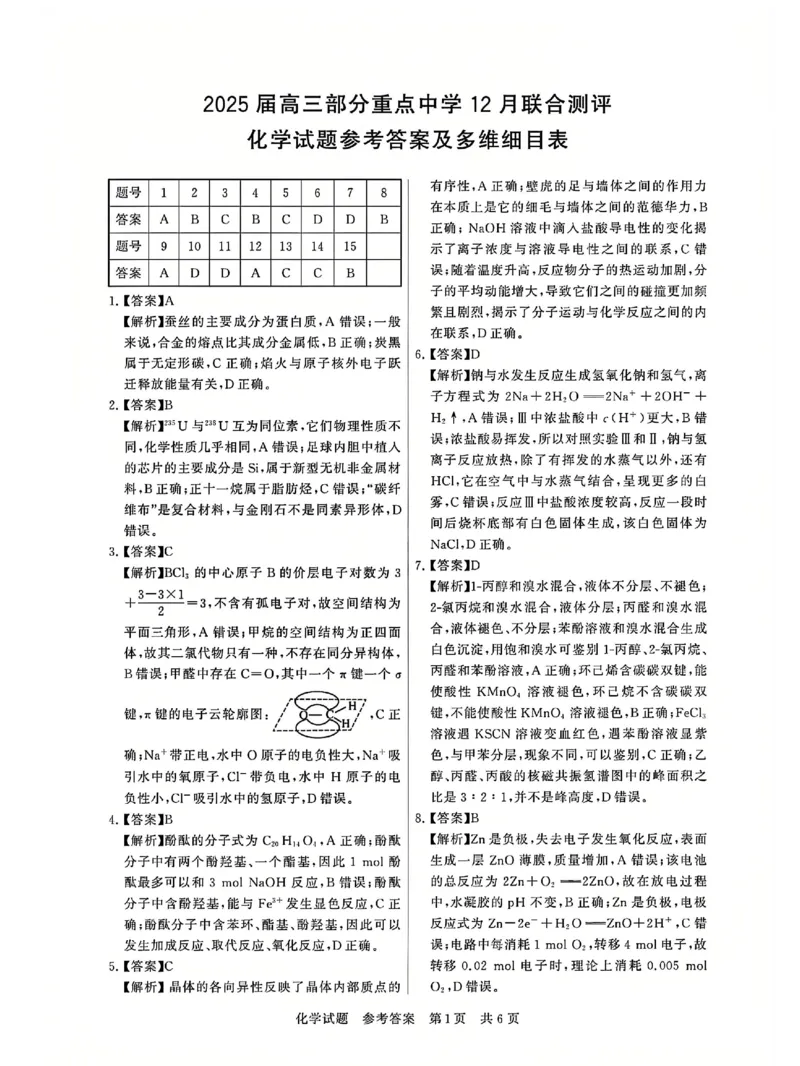 T8联考2025届高三12月化学答案_2024-2025高三（6-6月题库）_2024年12月试卷_12142025届全国T8（八省八校）高三12月联合测评_化学