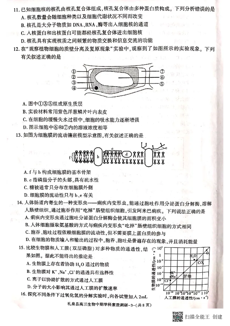 咸阳市礼泉县2023-2024学年度第一学期中期学科素质调研生物(1)_2023年11月_0211月合集_2024届陕西省咸阳市礼泉县第一学期中期学科素质调研