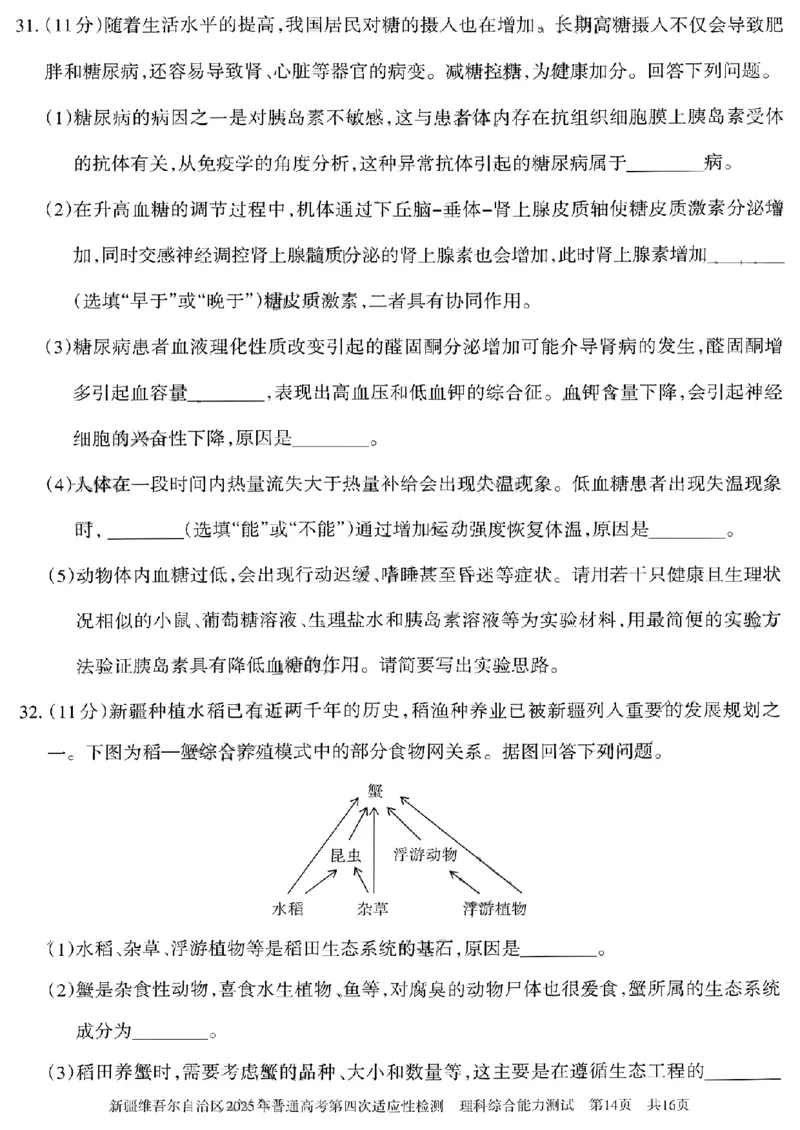 新疆维吾尔自治区2025年普通高考第四次适应性检测理科综合能力测试+答案_2024-2025高三（6-6月题库）_2025年05月试卷_0509新疆维吾尔自治区2025年普通高考第四次适应性检测（全科）