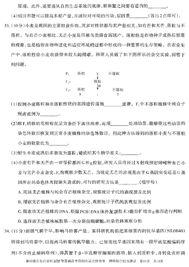 新疆维吾尔自治区2025年普通高考第四次适应性检测理科综合能力测试+答案_2024-2025高三（6-6月题库）_2025年05月试卷_0509新疆维吾尔自治区2025年普通高考第四次适应性检测（全科）
