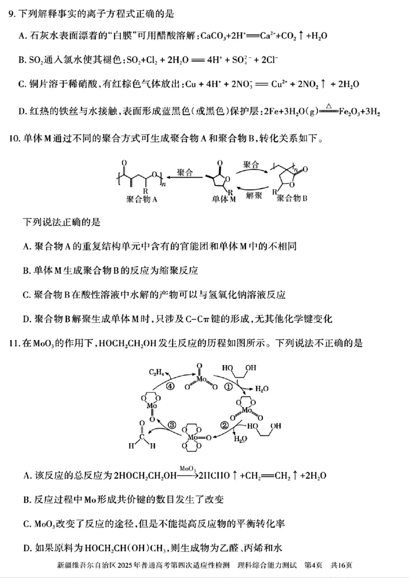 新疆维吾尔自治区2025年普通高考第四次适应性检测理科综合能力测试+答案_2024-2025高三（6-6月题库）_2025年05月试卷_0509新疆维吾尔自治区2025年普通高考第四次适应性检测（全科）