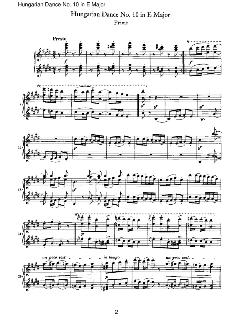 HungarianDanceNo.10inEMajor_一万首著名钢琴曲谱哈农贝多芬合集视频教学电子版高清无水印可打印_1古典钢琴知名音乐家谱_勃拉姆斯钢琴谱全集_VI.PianoWorksforFourHands
