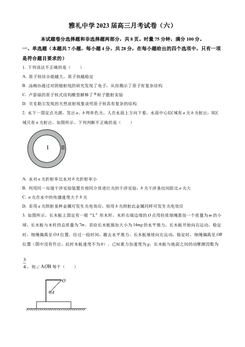 精品解析：湖南省长沙市雅礼中学2022-2023学年高三上学期第六次月考物理试题（原卷版）_2024年2月_01每日更新_10号_2023届湖南省长沙市雅礼中学高三上学期第六次月考