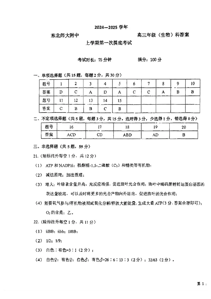 吉林省东北师范大学附属中学2024-2025学年高三上学期第一次摸底考试生物试卷_2024-2025高三（6-6月题库）_2024年10月试卷