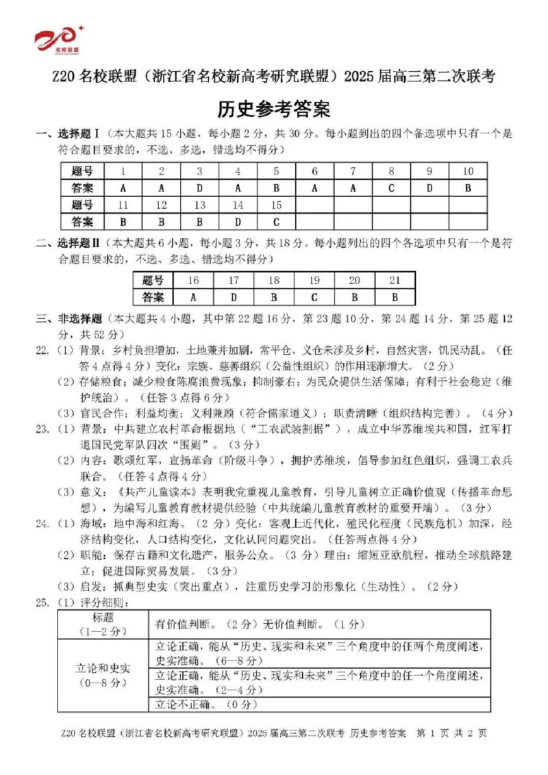历史答案_2024-2025高三（6-6月题库）_2024年12月试卷_1218浙江省Z20名校联盟（名校新高考研究联盟）2024-2025学年高三上学期第二次联考