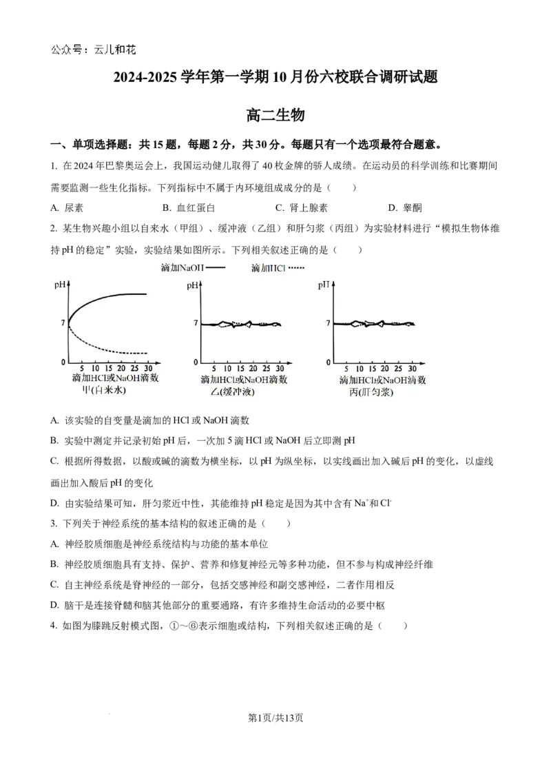 江苏省南京市六校联合体2024-2025学年高二上学期10月月考生物试题_2024-2025高二（7-7月题库）_2024年10月试卷_1025江苏省南京市六校联合体2024-2025学年高二上学期10月月考